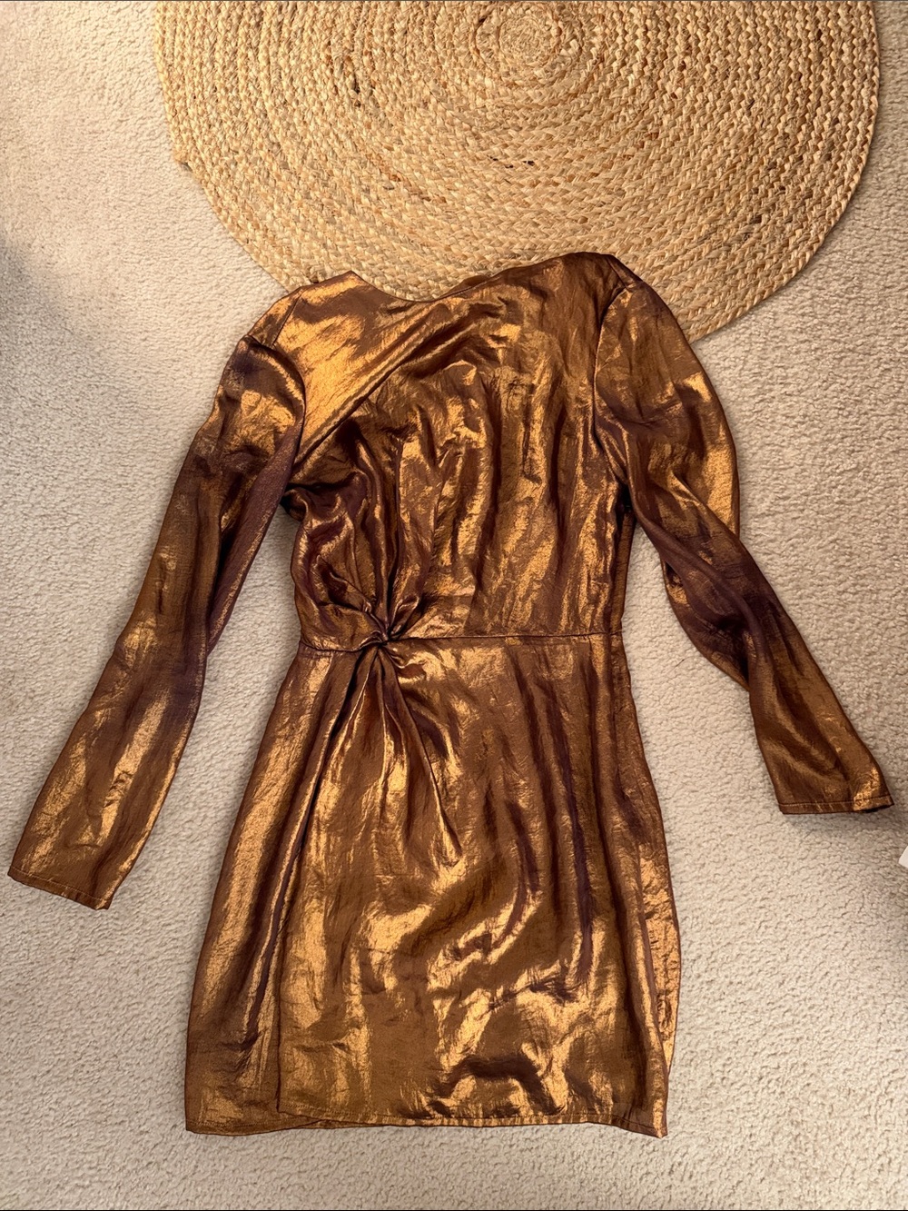 Metallic Bronze Long-Sleeve Twist Waist Dress